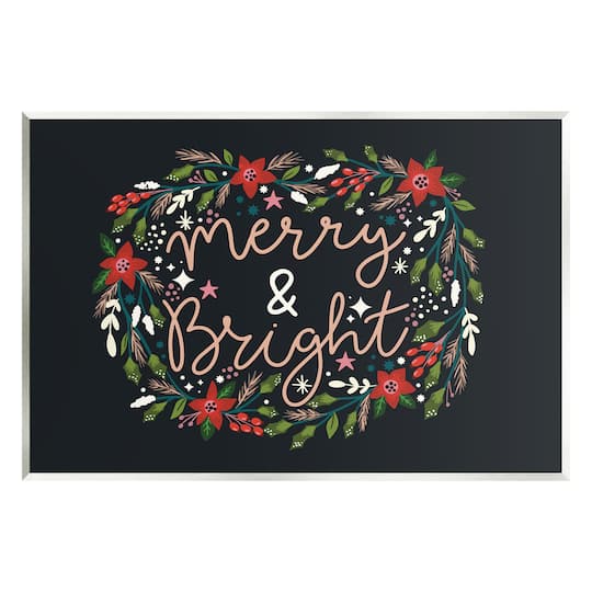 Stupell Industries Merry & Bright Poinsettia Wreath Wall Plaque Art